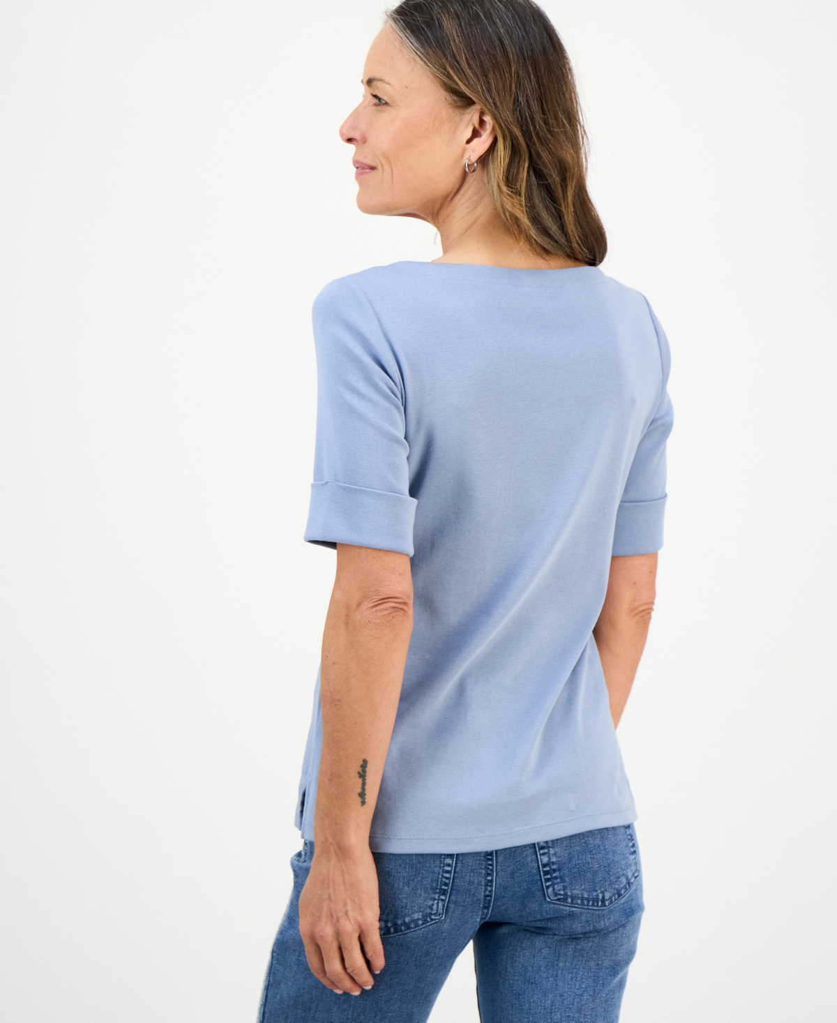 Style & Co Petite Cotton Elbow-sleeve Boat-neck Top, Exclusively At Macy's In Blue