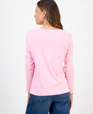Petite Scoop-Neck Long-Sleeve Cotton Top, Created for Macy's 