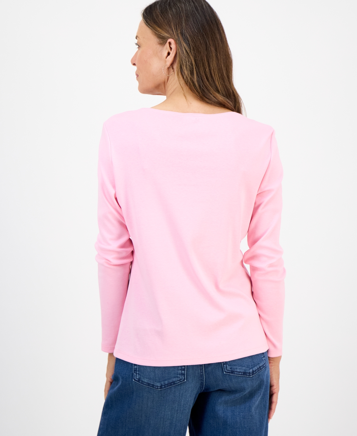 Style & Co Petite Scoop-neck Long-sleeve Cotton Top, Created For Macy's In Pink