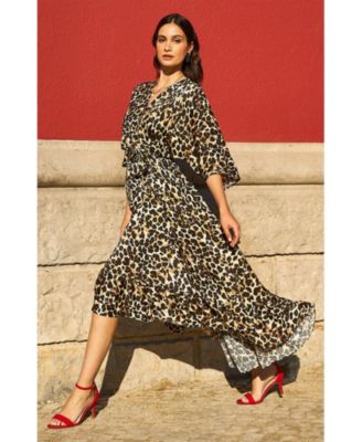Women's Leopard Print Kimono Sleeve Wrap Dress
