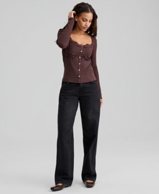 Petite Knit Lace-Trim Henley Top, Macy's Exclusive