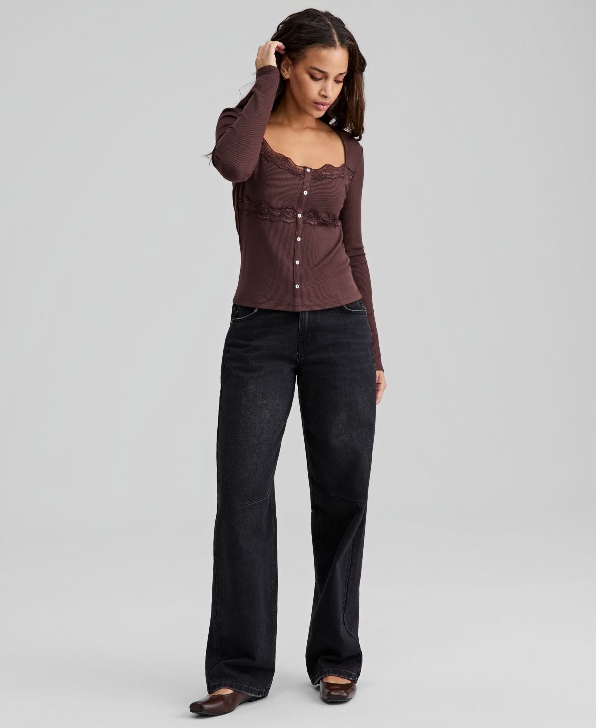 And Now This Women's Lace-trim Ribbed-knit Top, Macy's Exclusive In Brown