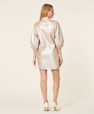 Women's Satin Button-Front Collared Puff-Sleeve Shirt Dress