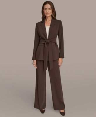 Women's Notch Lapel Collar Pinstripe Tie-Waist Jacket