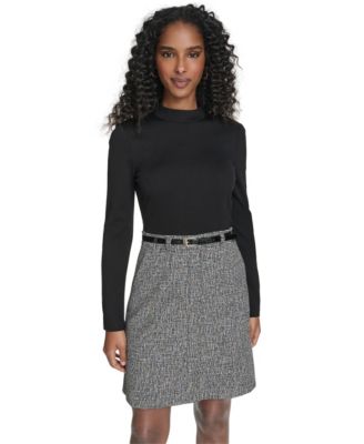 Women's Mock Neck Long Sleeve Twofer Dress