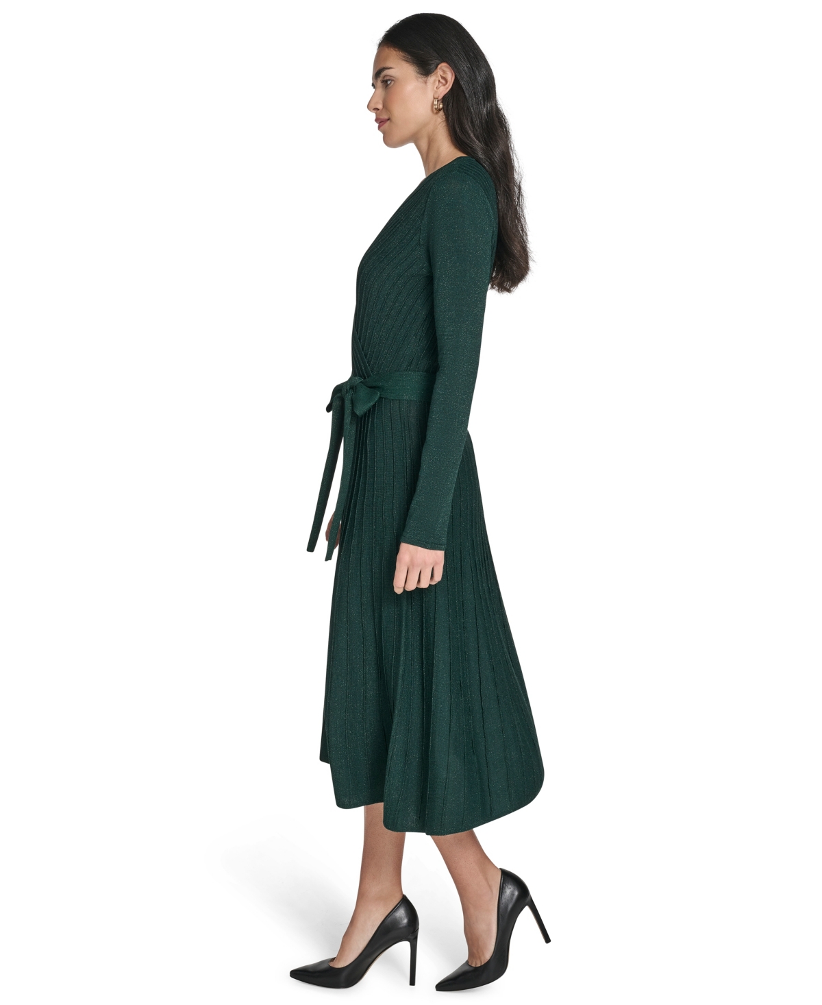 Jessica Howard Petite Long Sleeve Wrap Bodice Fit And Flare Midi Dress In Green