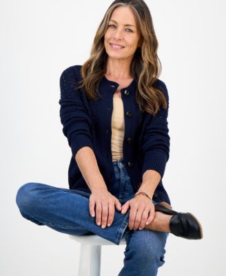 Petite Pointelle-Knit Crewneck Cardigan, Macy's Exclusive