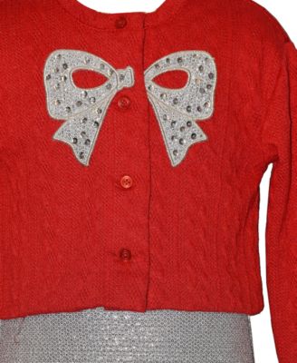 Girls' 2T-6X Foiled Knit Dress and Bow Cardigan, 2-Piece Set