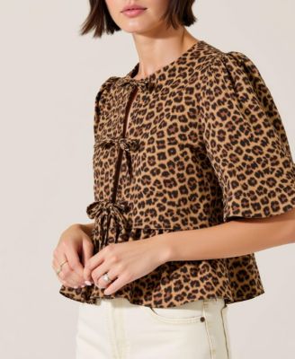 Women's Leopard-Print Front-Tie Puff-Sleeve Peplum Top
