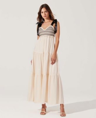 Women's Smocked Lace-Trim Maxi Dress with Satin Bow-Tie Straps
