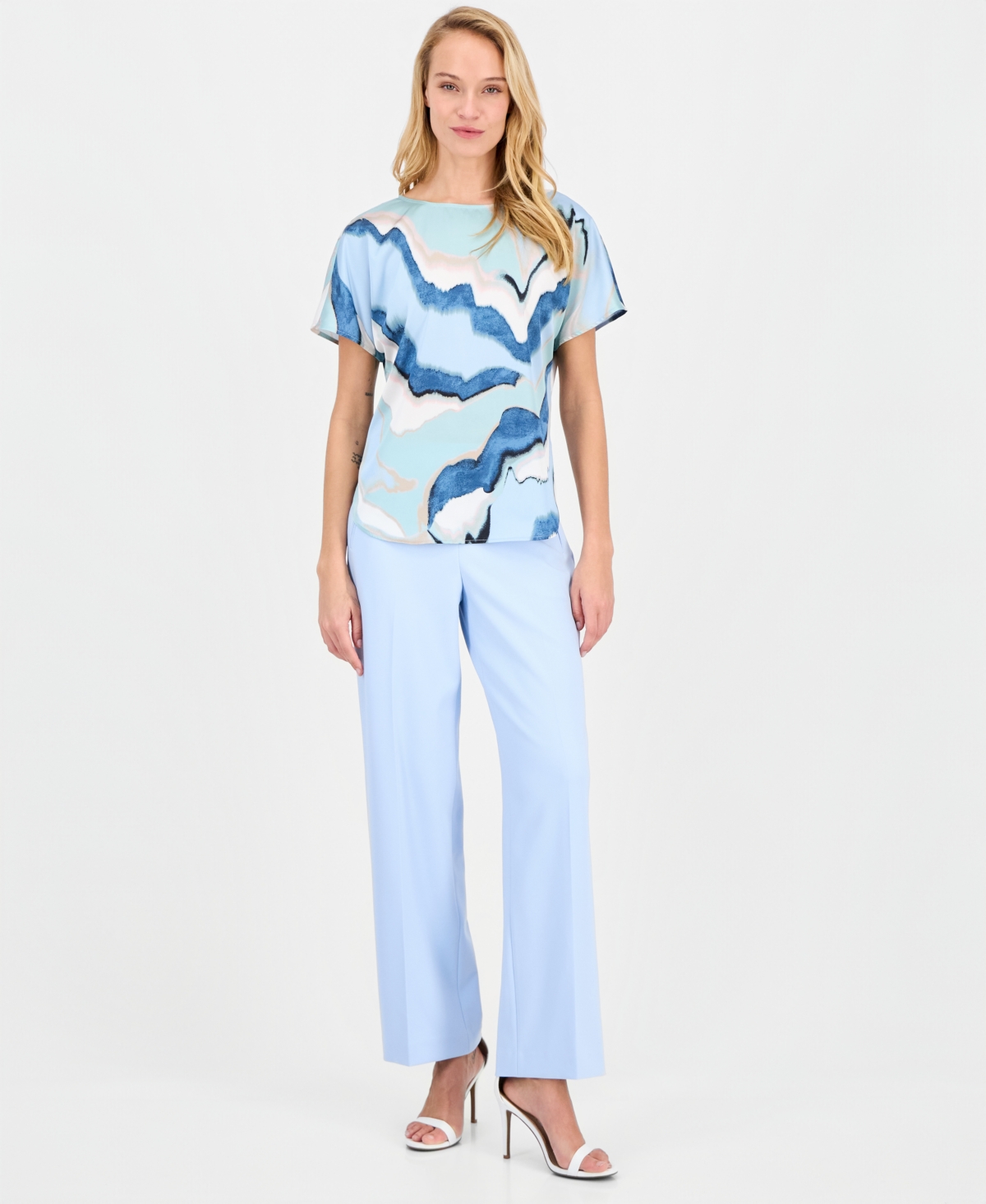 Anne Klein Women's Printed Boat-neck Short-sleeve Top In Multi