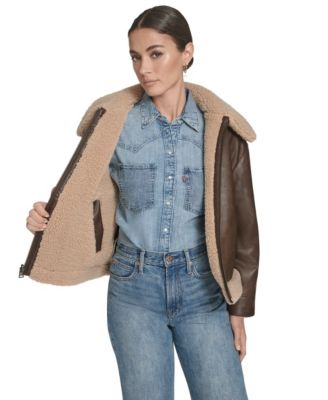 Women's Regular Reversible Sherpa to Faux Leather Aviator Jacket