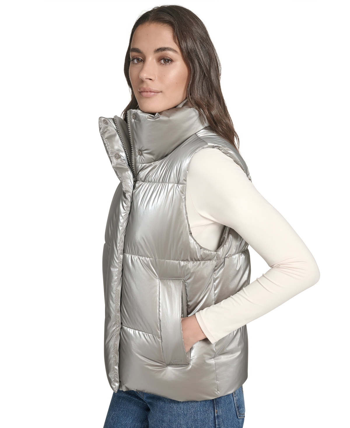 Levi's Women's Regular Stand Collar Puffer Vest Jacket In Silver