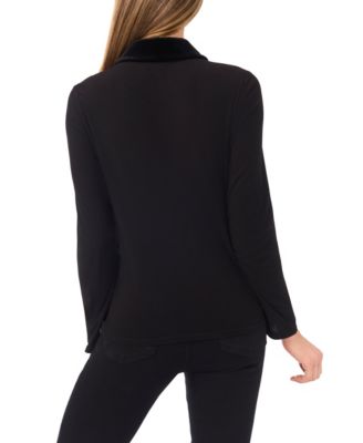 Women's Mix Media Collared Neck Long Sleeve Top