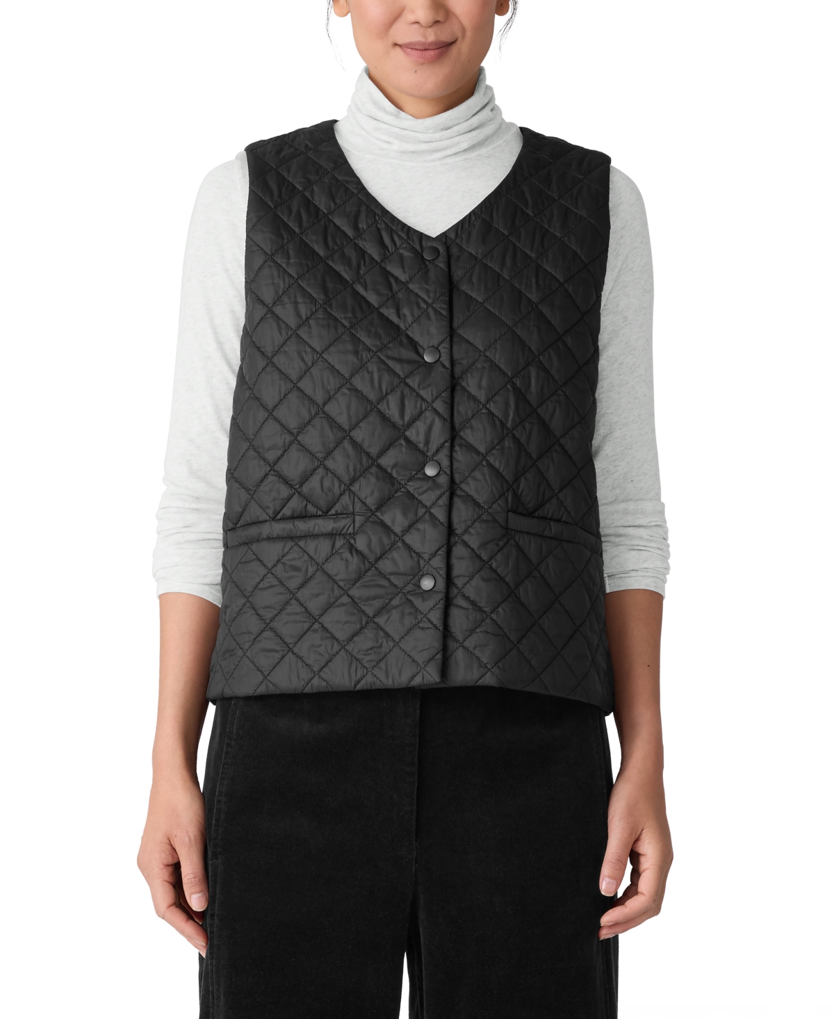 Eileen Fisher V-neck Quilted Vest In Black