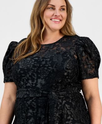 Plus Size Puff-Sleeve Burnout Midi Dress