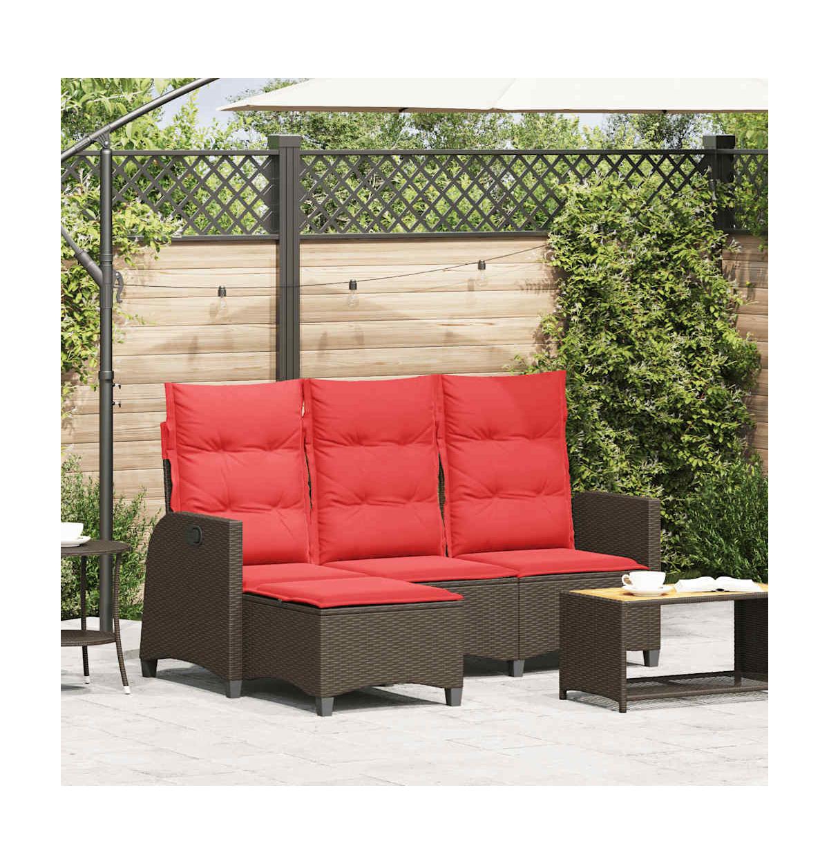 Reclining Patio Sofa with Cushions L-shaped Brown Poly Rattan
