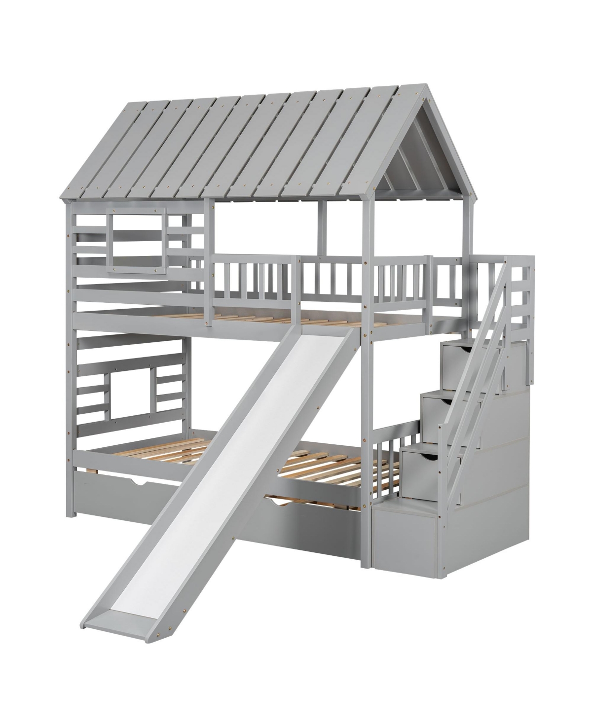 Boyel Living Twin over House Bunk Bed with Trundle and Slide, Storage Staircase, Roof Window Design
