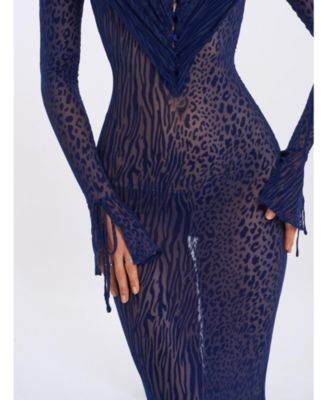 Women's Ilyse Navy V-Neck Plunge Animal Print Mermaid Hem Maxi Dress