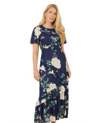 Women's Mesh Bird And Floral Print Midi Dress