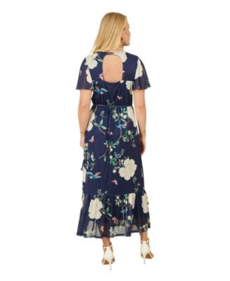 Women's Mesh Bird And Floral Print Midi Dress