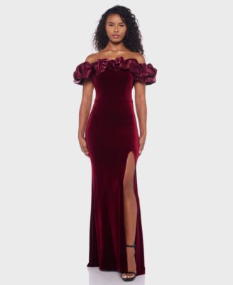 B Darlin - Juniors' Velvet Ruffled Off-The-Shoulder Gown