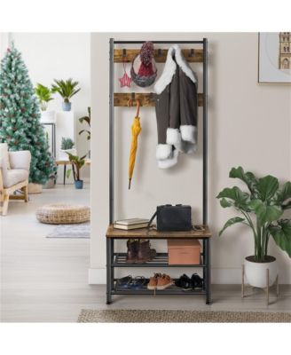 73” H Metal Hall Tree with Shoe Storage Bench Entryway Coat Rack
