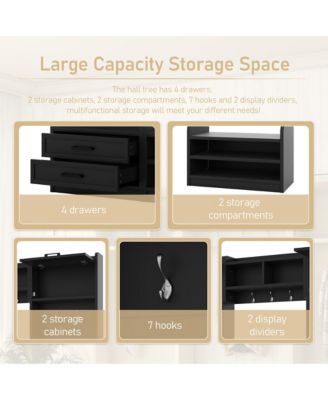 4-in-1 Detachable Hall Tree with Storage and 7 Hooks, Multiple Functions Hallway Coat Rack with Storage Drawers and Cabinet, Shoe Bench