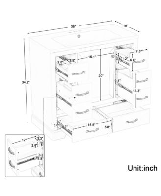 36" Bathroom Vanity with Sink Combo, Six Drawers with Multi-Functional Drawer Divider and Adjustable Shelf