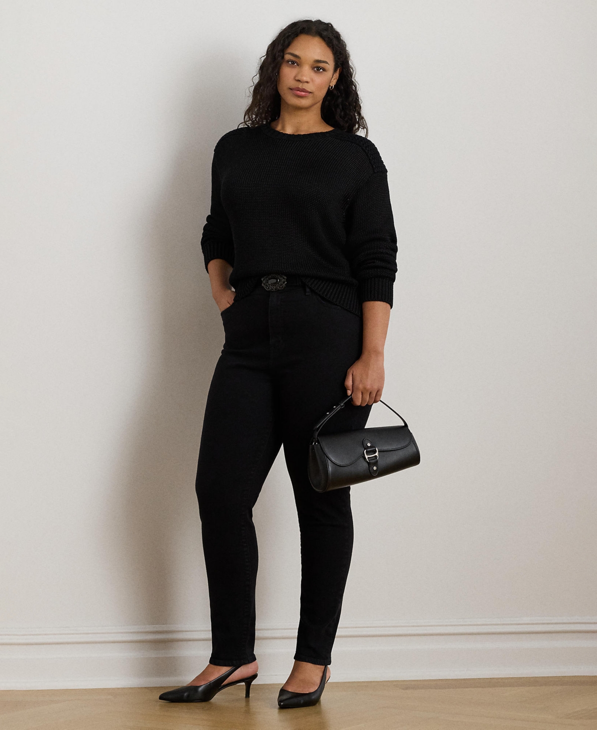 Ralph Lauren Plus Size Cotton-blend Crew Neck Sweater In Black