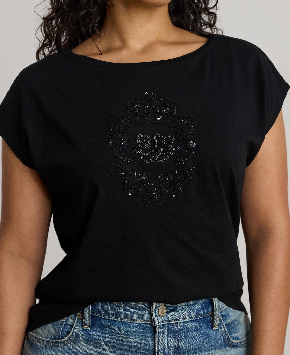 Ralph Lauren Plus Size Sequined-crest Jersey T-shirt In Black