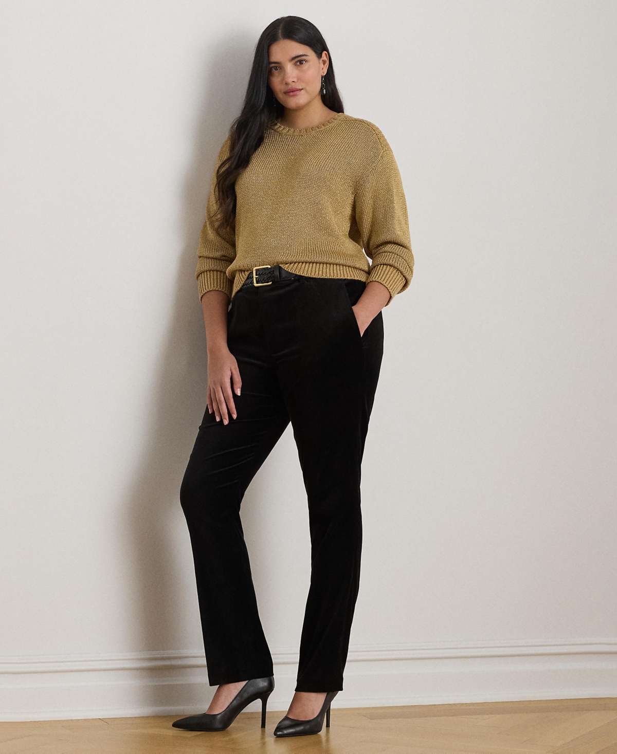 Ralph Lauren Plus Size Metallic Crew Neck Sweater In Green