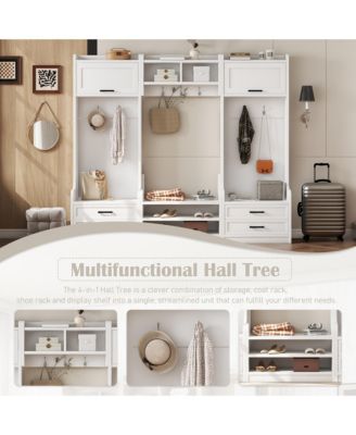 4-in-1 Detachable Hall Tree with Storage and 7 Hooks, Multiple Functions Hallway Coat Rack with Storage Drawers and Cabinet, Shoe Bench