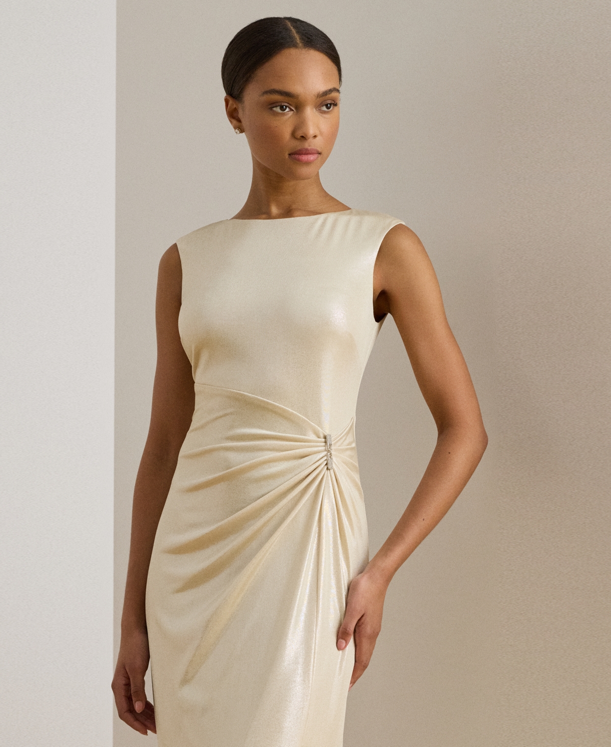 Ralph Lauren Women's Buckle-trim Metallic Gown In Neutral