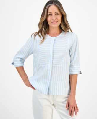 Charter Club - Petite Linen Striped 3/4-Sleeve Shirt