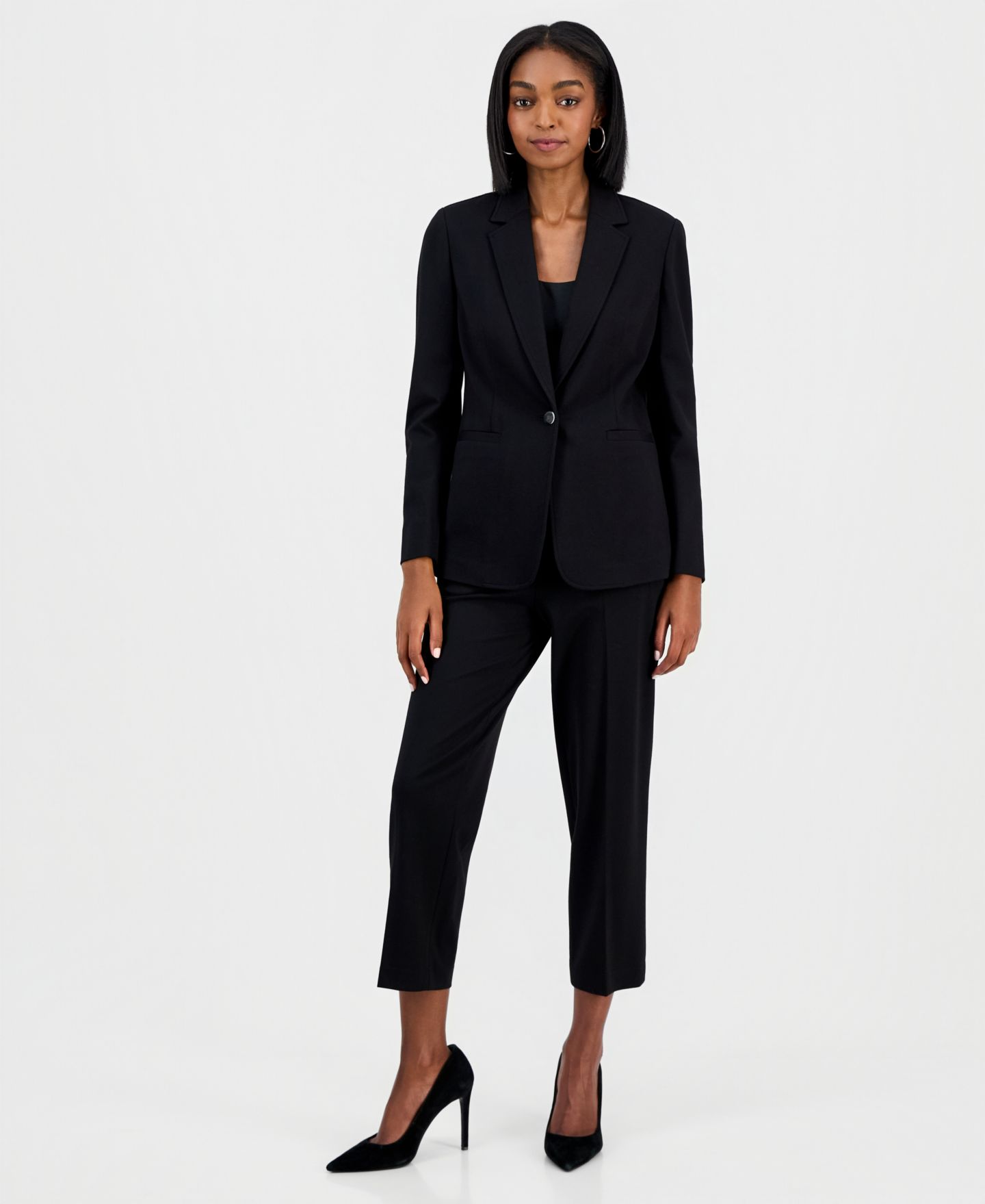 Женский пиджак Bar III Compression Notch-Collar Single Button Blazer, Scoop-Neck Camisole & Compression Tie Front Capri Pants, цвет: Тёмно-синий — фото 2