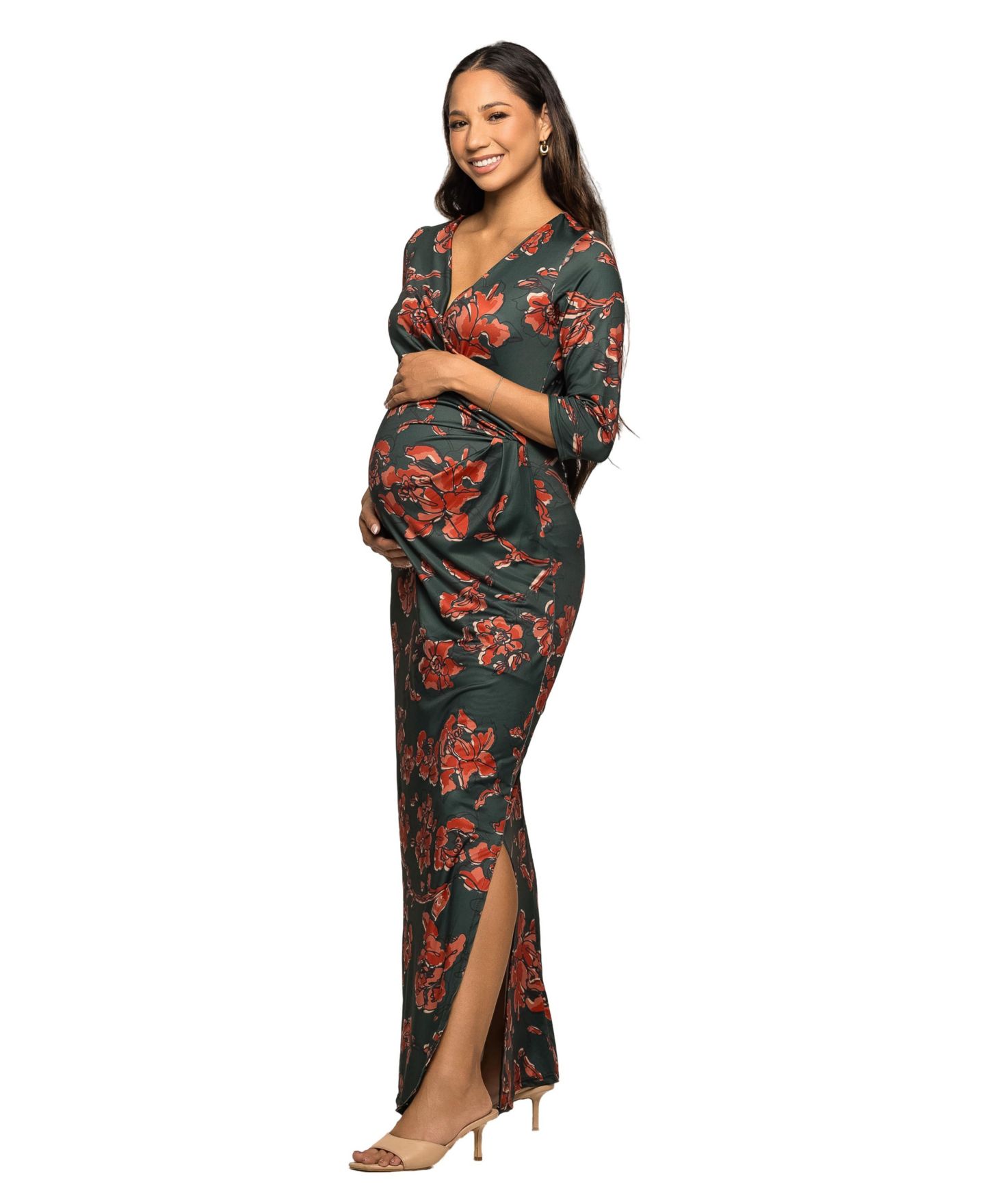 Женское платье 24seven Comfort Apparel Maternity Three Quarter Sleeve Side Slit Maxi, цвет: Зелёный разноцветный — фото 2