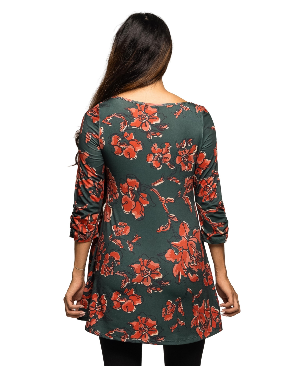 24seven Comfort Apparel Floral Print Three Quarter Sleeve Tunic Top In Blue