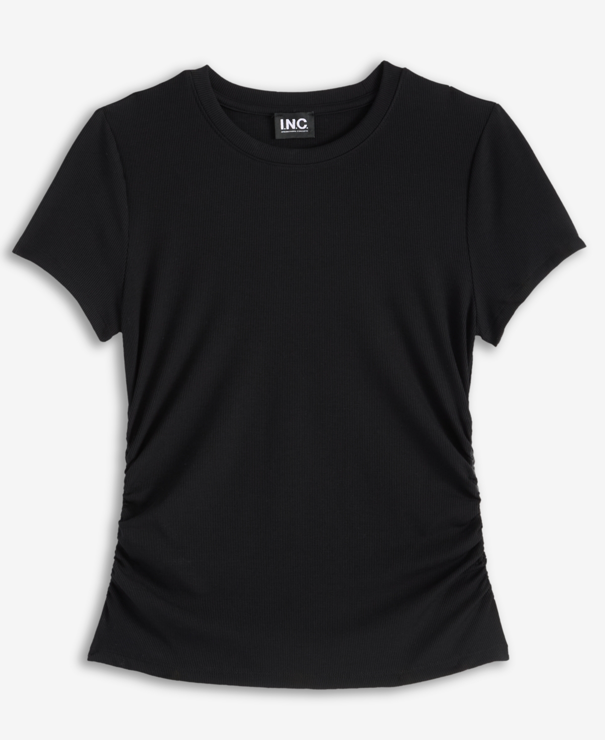 Inc International Concepts Petite Side-ruched Ribbed Knit T-shirt, Macy's Exclusive In Black