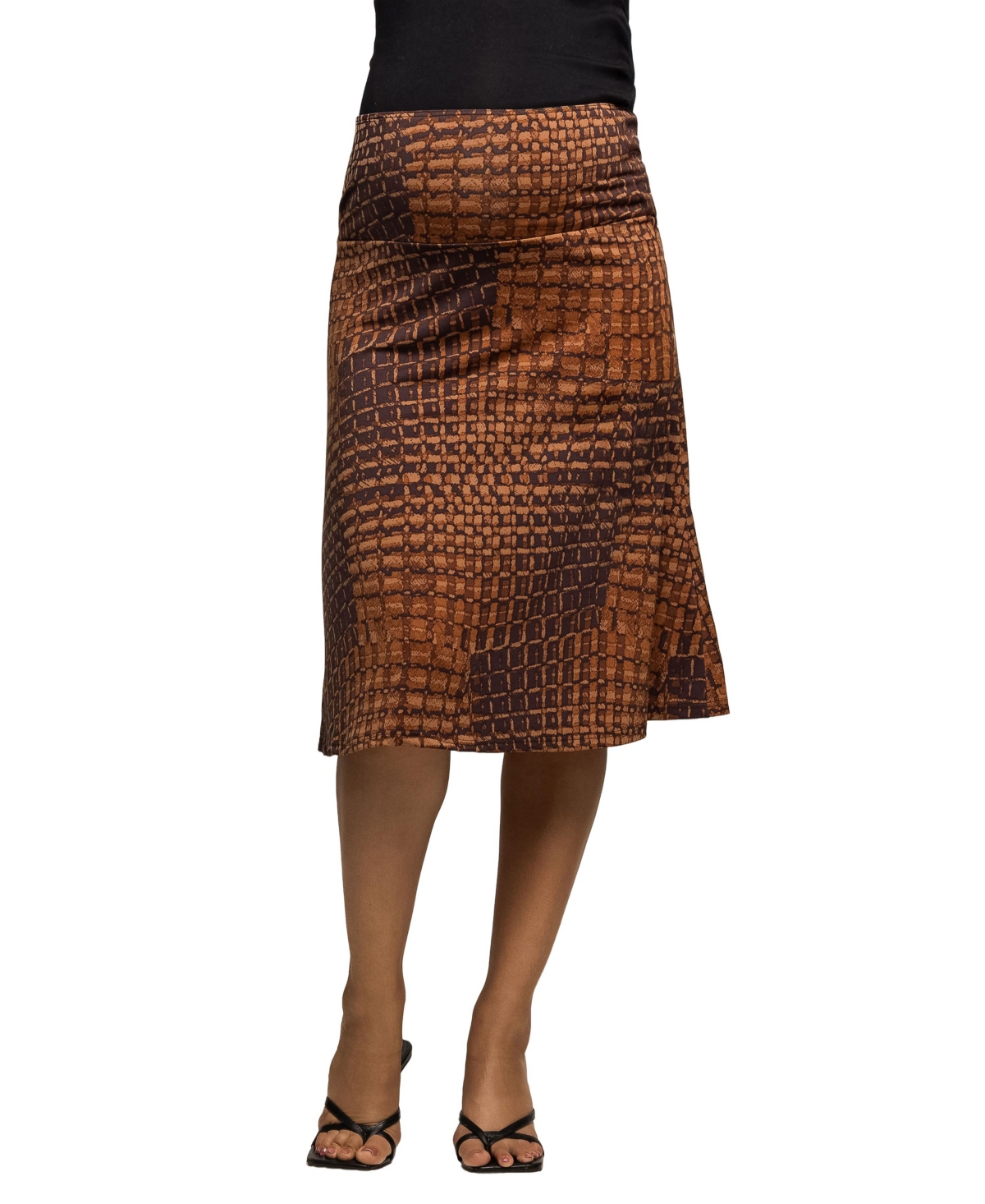 24seven Comfort Apparel Geometric Print Knee Length Skirt In Brown