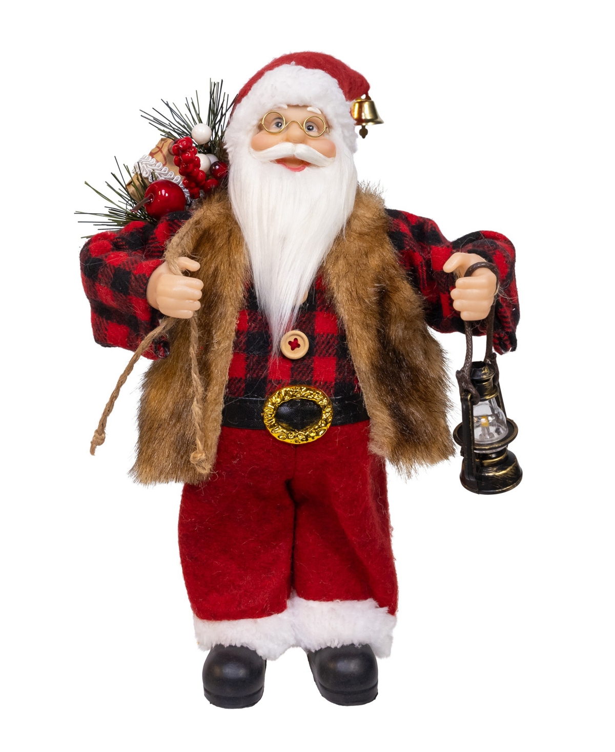 Kurt Adler 12-inch Standing Christmas Santa With Plaid Shirt, Sack And Lantern In Red