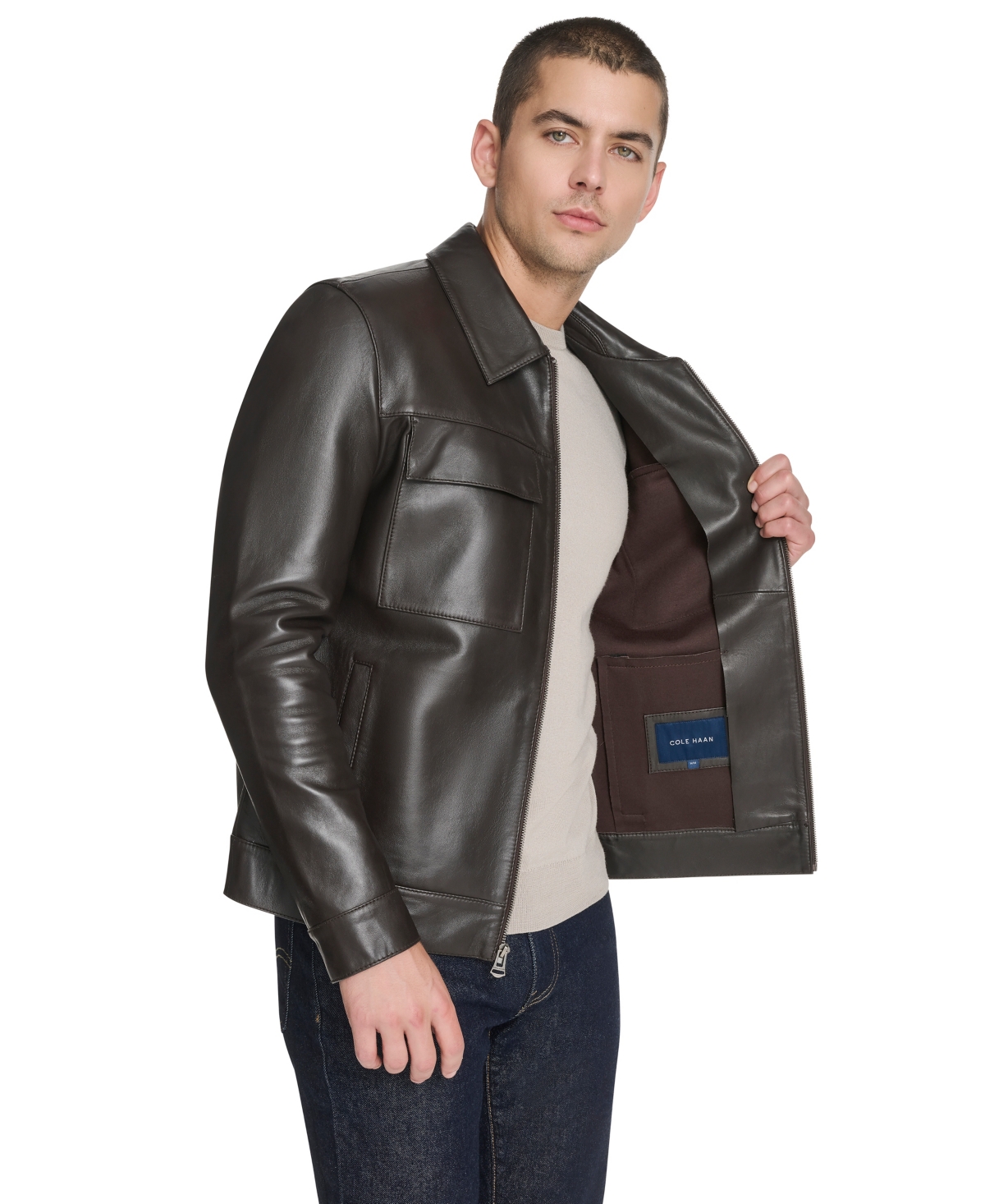 Cole Haan Men's Bonded Leather Trucker Jacket