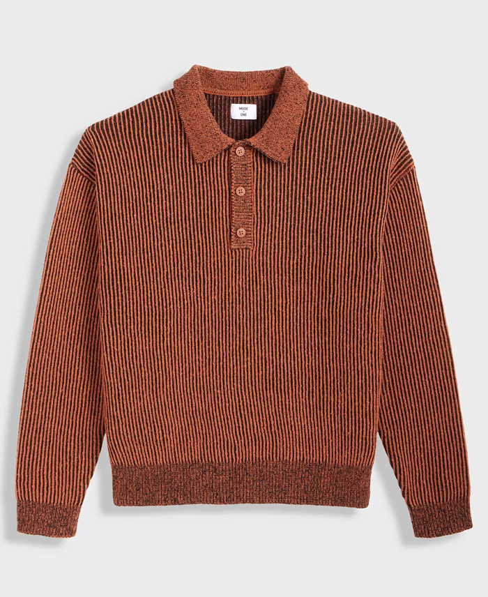 Men's Relaxed Fit Plaited Long Sleeve Polo Sweater - thumbnail 3