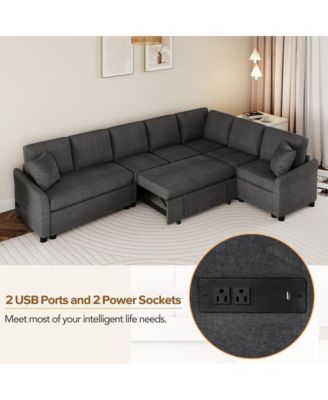 124.8'' L-Shaped Pull Out Sleeper Sofa Bed with USB Ports & Power Outlets, Convertible Sectional Couch for Living Room
