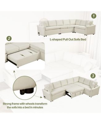 124.8'' L-Shaped Pull Out Sleeper Sofa Bed with USB Ports & Power Outlets, Convertible Sectional Couch for Living Room