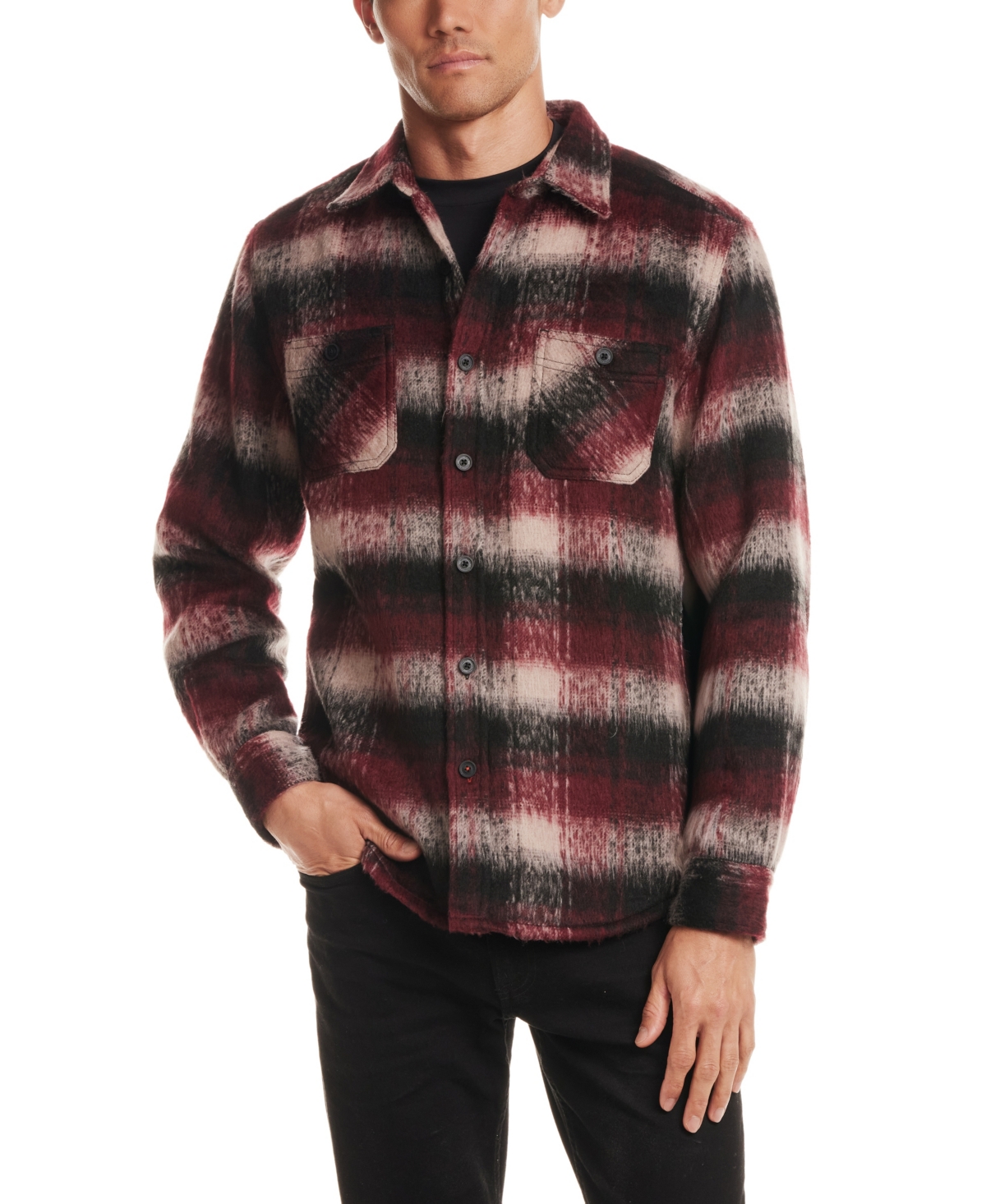 Vintage & Black Men's Brushed Plaid Pattern Long Sleeve Shirt Jacket