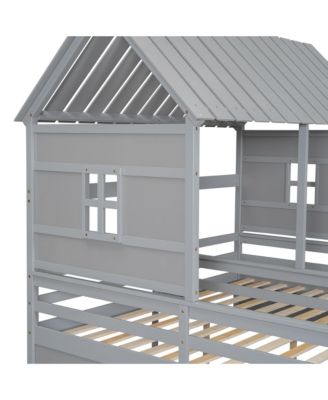 Twin Size House Platform Beds with Two Drawers for Boy and Girl Shared Beds, Combination of 2 Side by Side Twin Size Beds