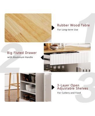 Fluted Kitchen Island with Trash Can Cabinet, Power Outlet, 3 Drawers, Open Racks, Fits 10 Gallon Bin, Wheels