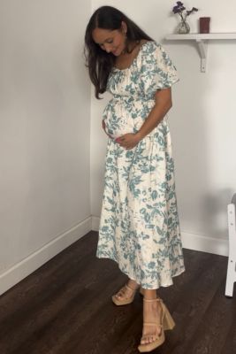 Maternity Teal Floral Puff Sleeve Midi Dress