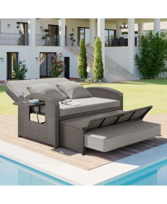 Double Reclining Rattan Chaise Lounge - Gray